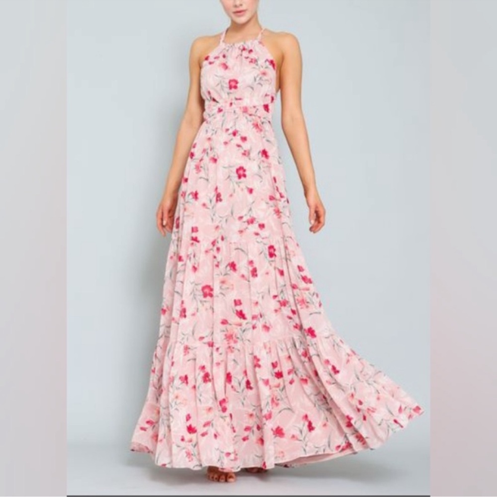 Aakaa Floral‎ Ruffle Maxi Dress Size Large Tiered